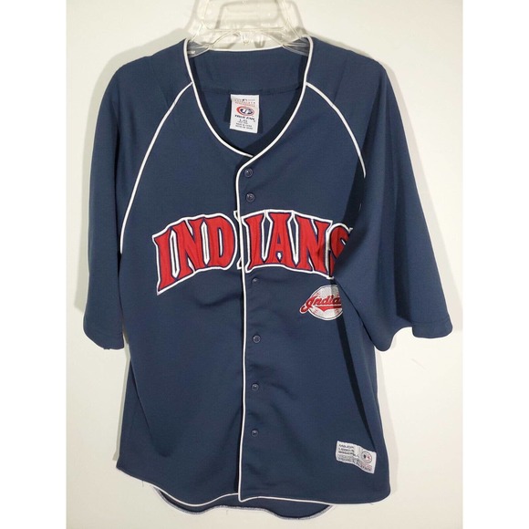 Indians Major League Baseball Short Sleeve Button Down Navy Red Jersey L (42-44) - Picture 2 of 8